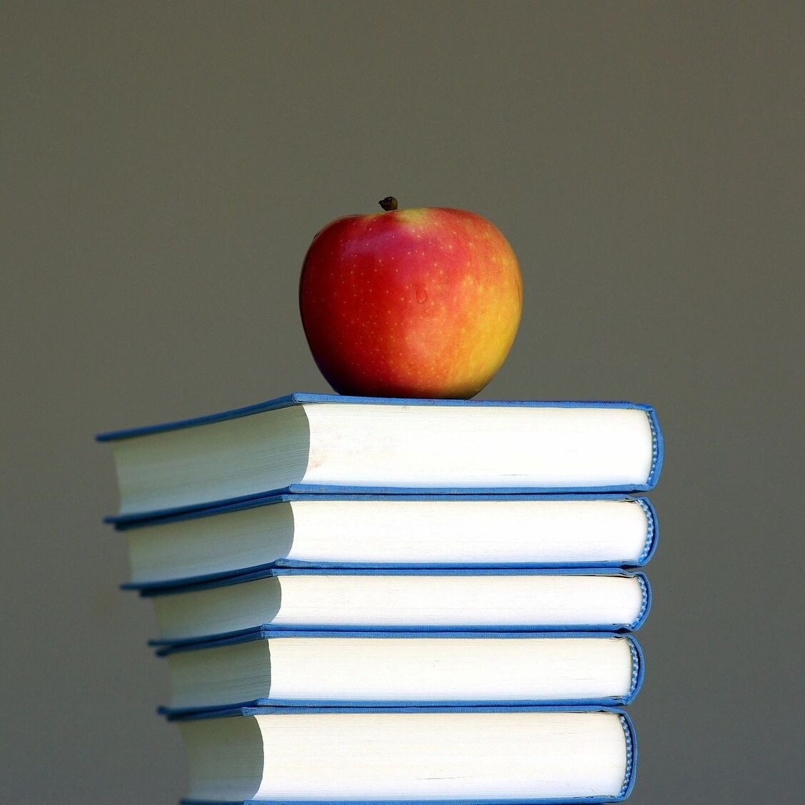 An apple placed on a stack of six closed books with white covers and blue edges.